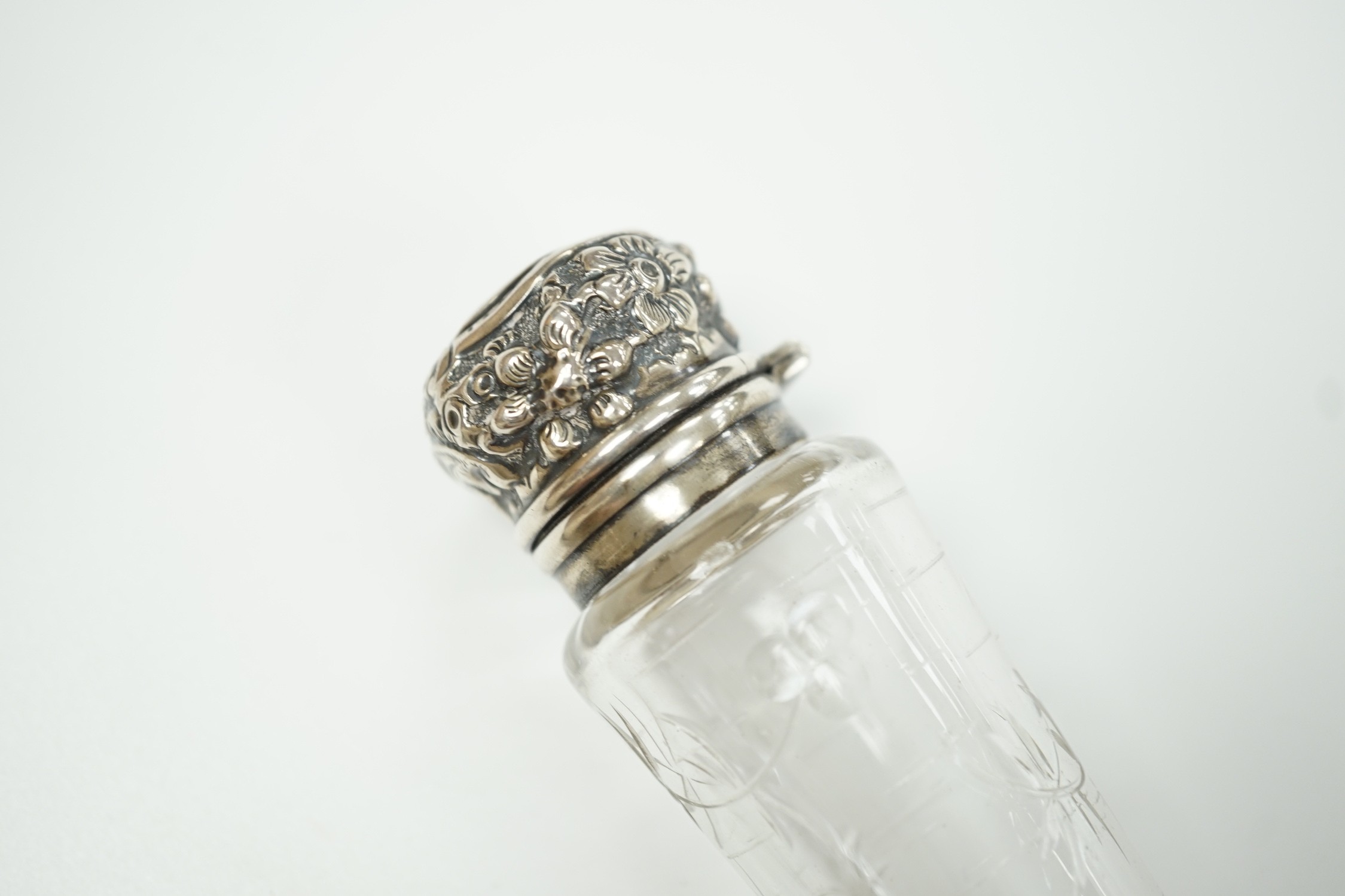 A late Victorian silver mounted cut glass teardrop shaped scent bottle, Birmingham, 1894, 21.4cm.